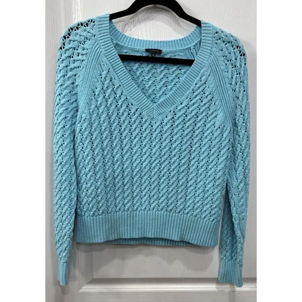 Talbots Women’s Medium Blue 100% Cotton Cable Knit V-Neck Sweater Thick EUC - Picture 1 of 7